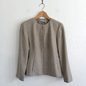 Anne Klein Wool Silk Cashmere Zip Front Collarless Blazer Jacket Beige Size 4